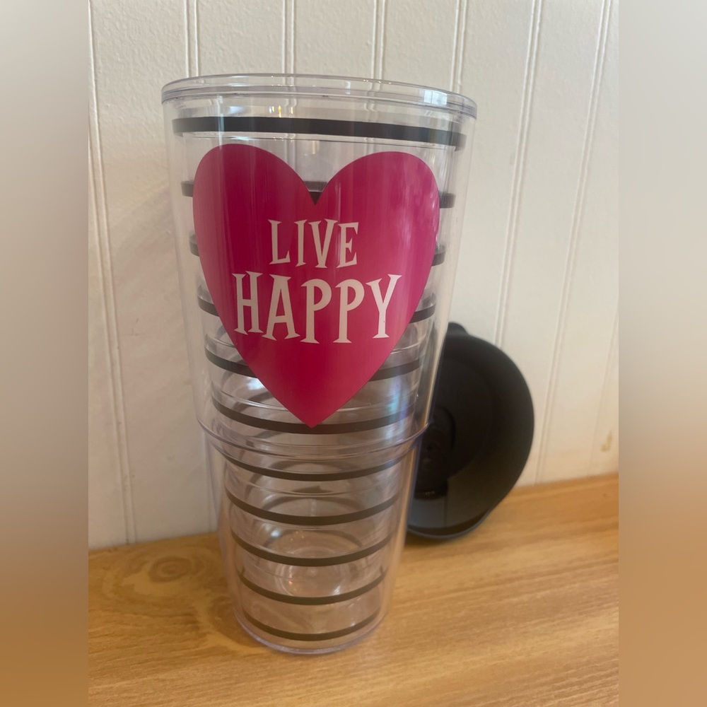 Live Happy Tervis Hot Pink and Black Stripped Insulated Tumbler with Black Lid